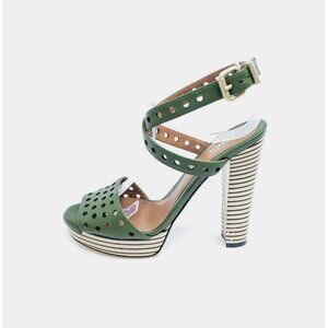 Fendi Platform High Heel Strappy Cross Strap Open Toe Green Leather Women US 6.5